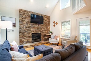 Smart TV, fireplace, foosball