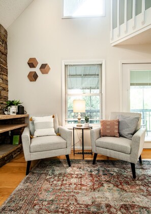 Smart TV, fireplace, foosball