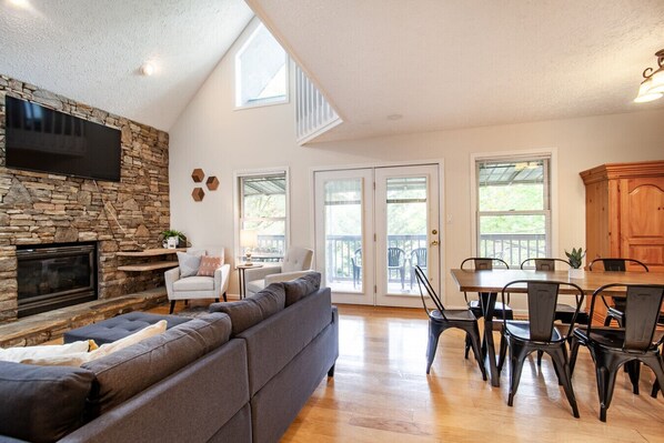 Smart TV, fireplace, foosball