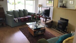Ett vardagsrum med en soffa, en tv, en öppen spis och en bokhylla.