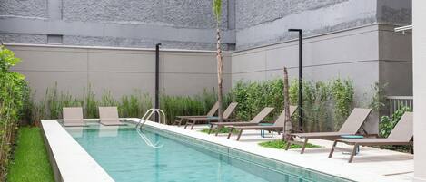 Outdoor pool, pool loungers