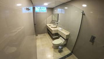 Ducha, secador de pelo, toallas, jabón