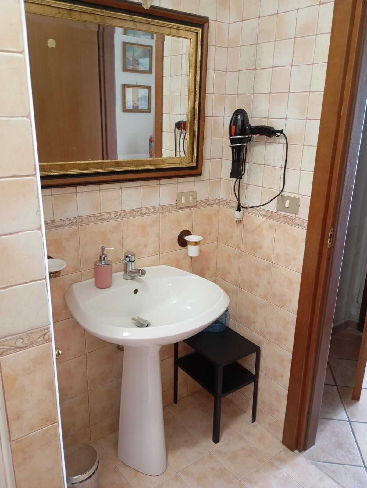Un baño con un lavamanos blanco, un espejo y un secador de pelo en la pared.