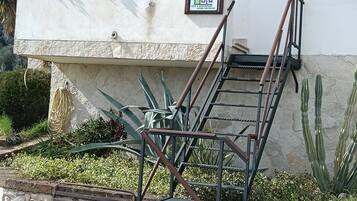 Eine Treppe führt zu einem Gebäude mit einem Schild, umgeben von Pflanzen und einer Steinmauer.