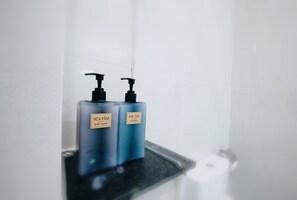 Ducha, secador de pelo, toallas y jabón