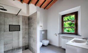 Shower, hair dryer, bidet, towels