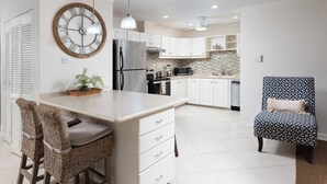 A modern kitchen with white cabinets, a stainless steel refrigerator, a built-in microwave, and a large island with bar stools. - Charming 2-bedroom condo in fabulous Hastings area (Hastings)