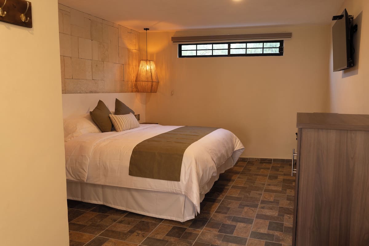 Une chambre à coucher comprenant un lit, une fenêtre, un téléviseur fixé au mur et un meuble de rangement.
