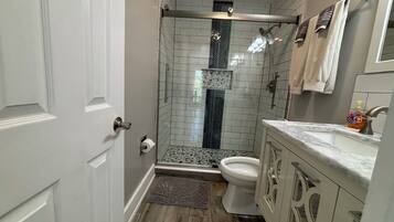 Shower, hair dryer, towels, toilet paper
