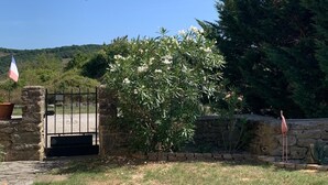 A stone wall with a metal gate, a bush with white flowers, and a flamingo statue. - HOUSE WITH A VIEW OF THE PYRENEES OF THE ARIEGE AT TREZIERS NEAR MIREPOIX (Tréziers)