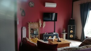 A living room with a red wall, a flat-screen TV, a large speaker system, a wooden coffee table, and a sofa with patterned cushions. - HOUSE WITH A VIEW OF THE PYRENEES OF THE ARIEGE AT TREZIERS NEAR MIREPOIX (Tréziers)