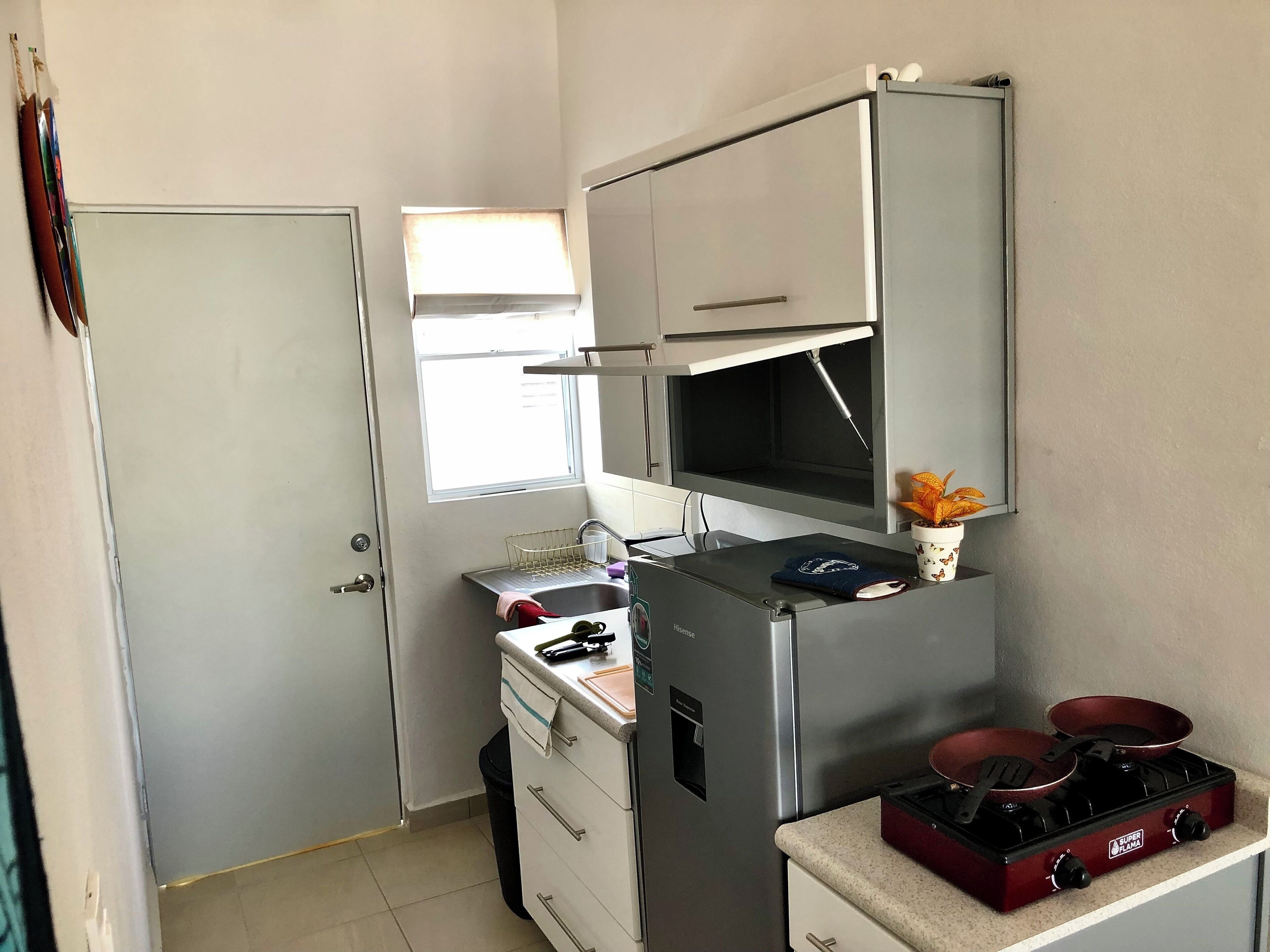 Une cuisine compacte équipée d’un réfrigérateur, d’un four à micro-ondes et d’une cuisinière. Une fenêtre laisse entrer la lumière naturelle, et un petit plan de travail est agrémenté d’une plante en pot.