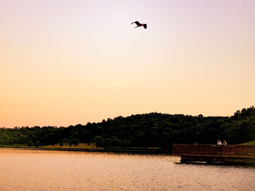 A sunset over a calm lake with a wooden dock and a bridge.