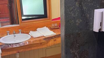 Ducha, secador de pelo, toallas, jabón