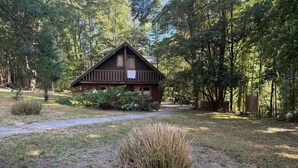 Una cabana de fusta amb teulada inclinada, envoltada per un bosc dens.