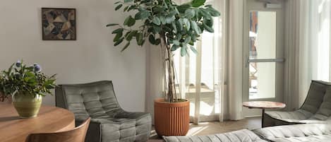 Una sala de estar moderna con una mesa redonda de madera, dos sofás grises tapizados, una planta grande en maceta y una mesita redonda.