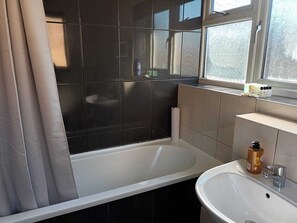 Hair dryer, towels, soap, toilet paper