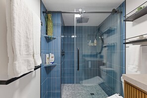 Shower, hair dryer, towels, toilet paper