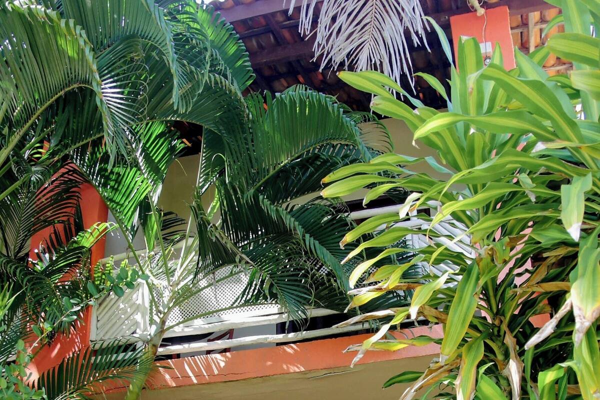 A two-story building with a balcony, surrounded by lush greenery and a thatched roof.
