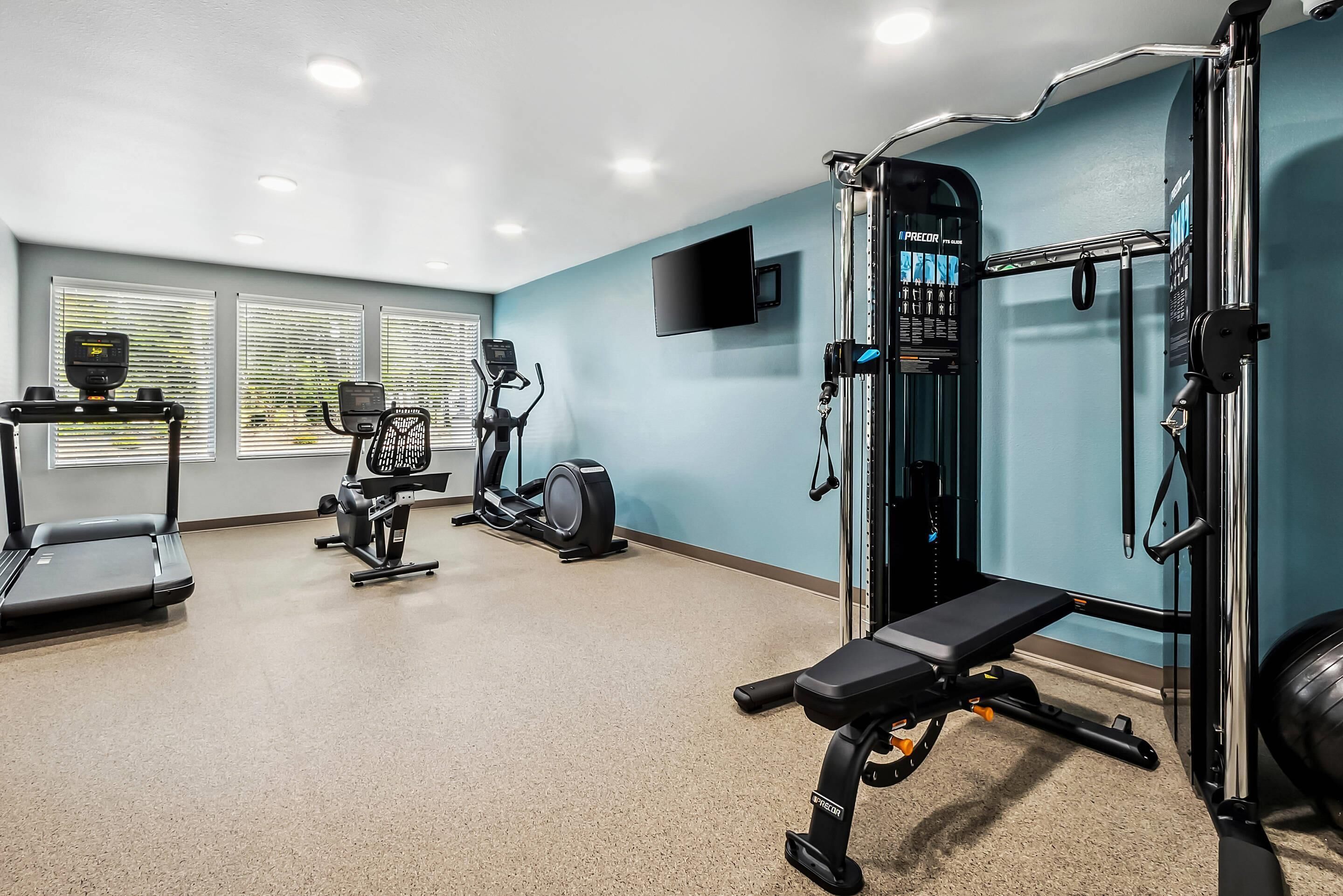Un gimnasio con cintas de correr, elíptica, bicicleta estática y una jaula para sentadillas.