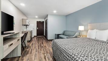 Desk, laptop workspace, blackout curtains, free WiFi