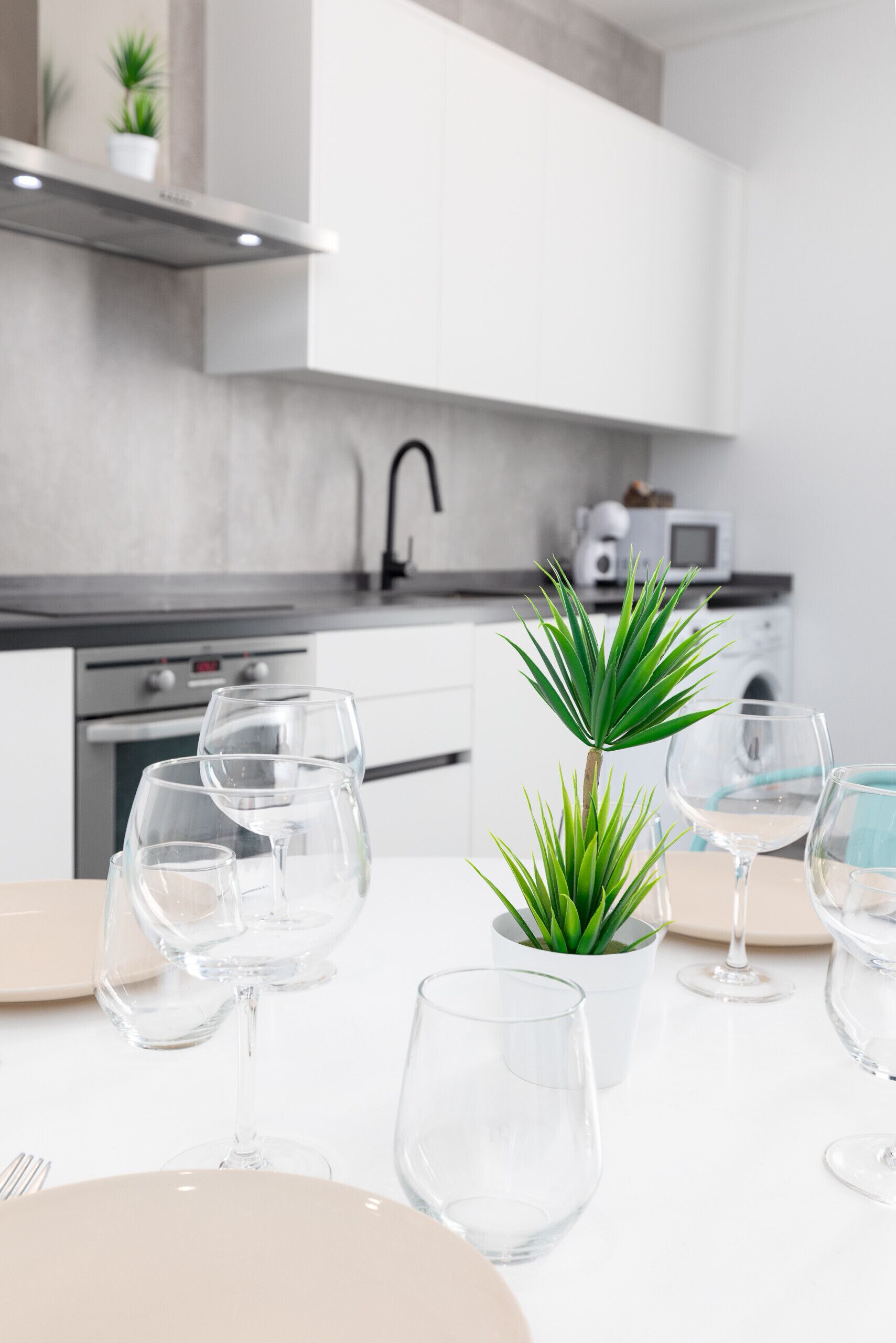 Een koelkast, een magnetron, een oven, een vaatwasser