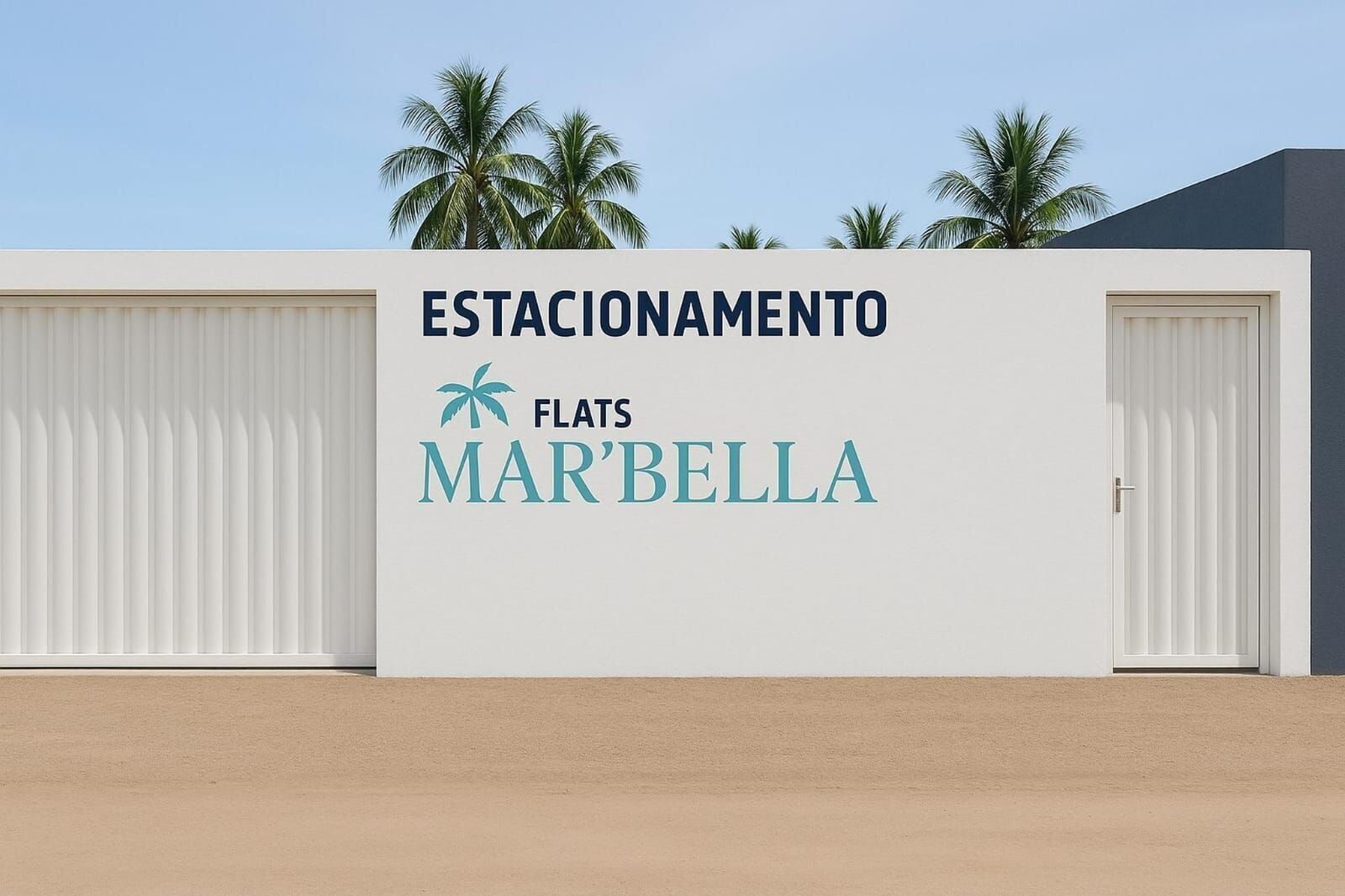 A building with a sign reading 'ESTACIONAMENTO FLATS MARBELLA' and two closed doors.