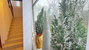 Un escalier menant à un palier d’où l’on peut admirer les arbres couverts de neige à l’extérieur.