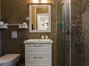Douche, séchoir à cheveux, serviettes fournies
