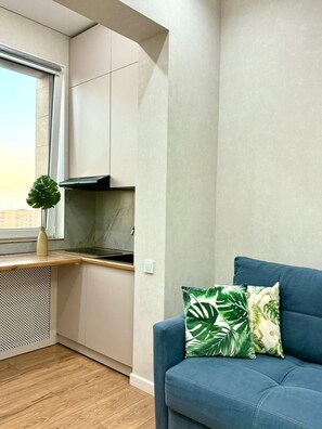 A compact kitchen with a window, a small plant, and a blue sofa with a leaf-patterned pillow.