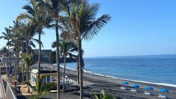 A beach with palm trees and a wooden walkway. - Mar de Lava (Puerto de Naos)