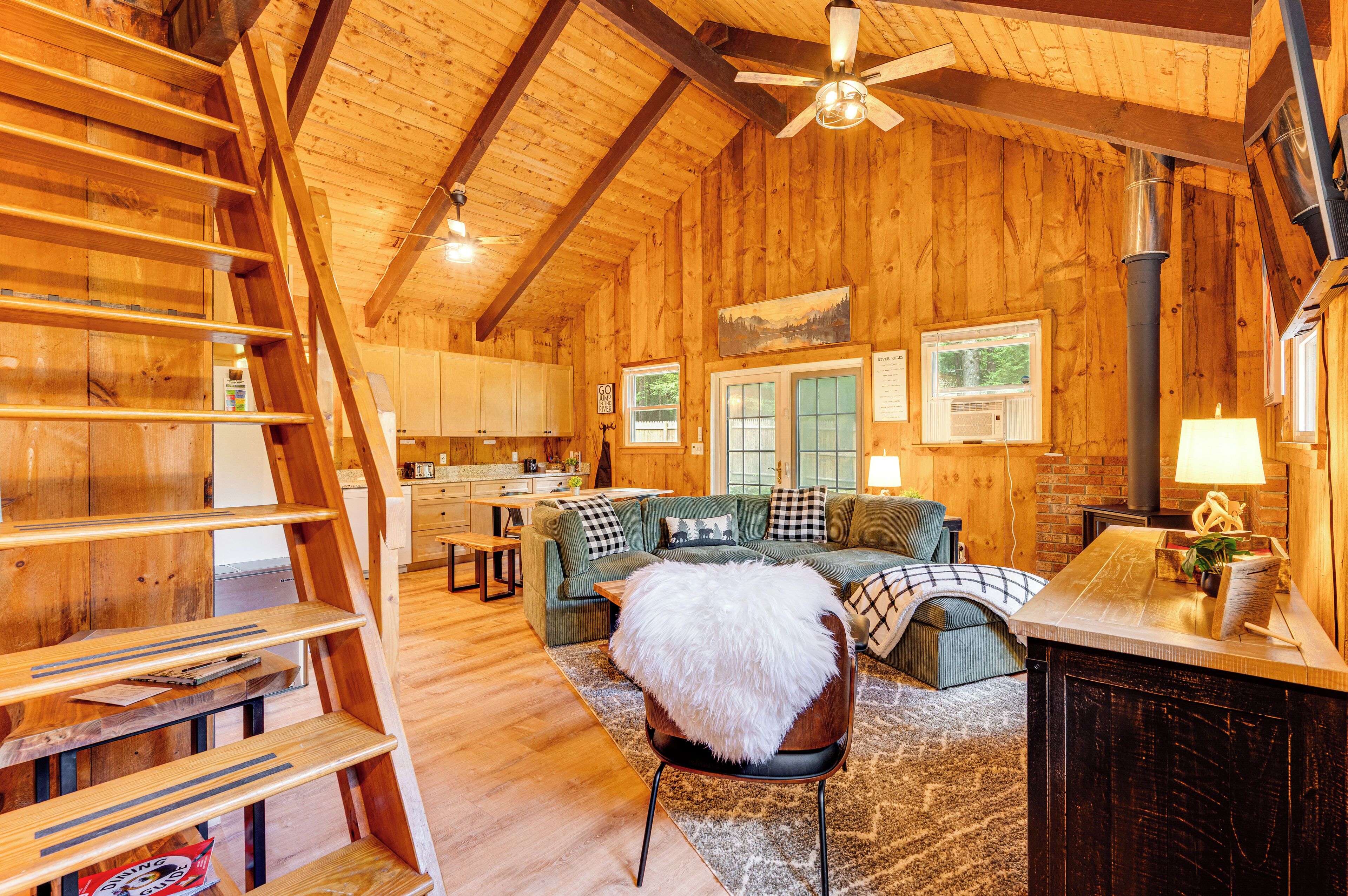 TV, fireplace, books