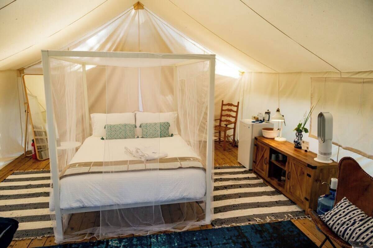 A tented room with a bed under a canopy, a wooden cabinet, and a chair.
