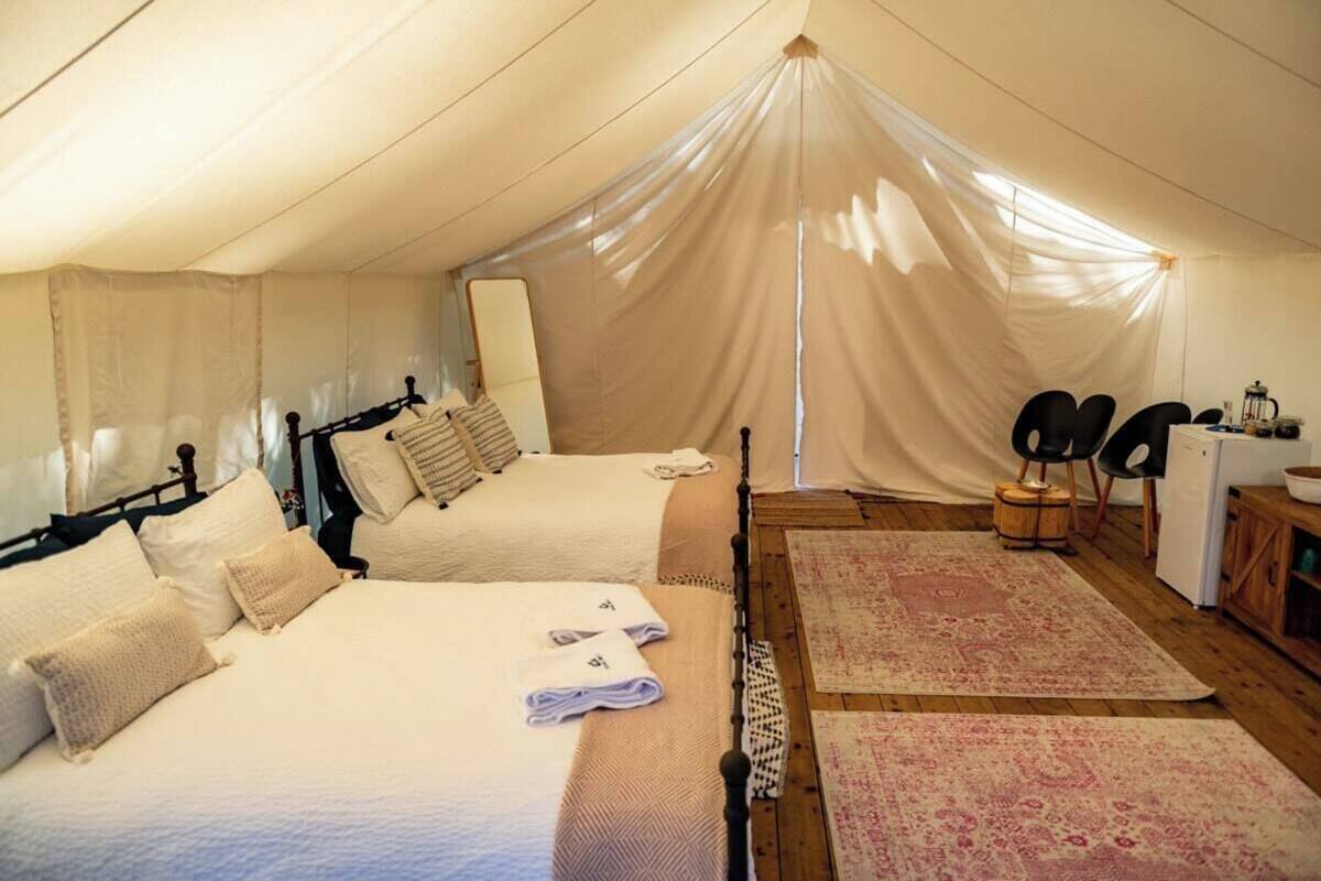A tented room with two beds, a small table, and a chair.