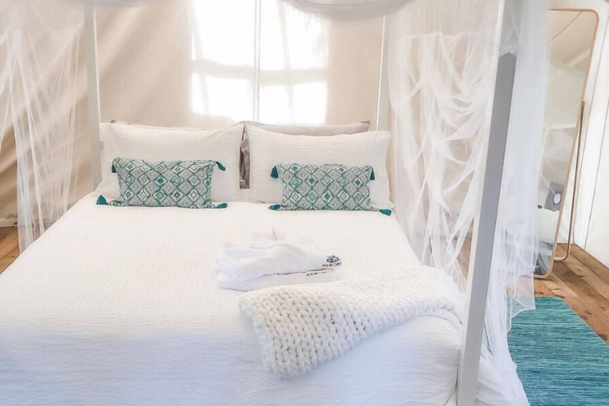 A bed with a canopy, white bedding, and patterned pillows.