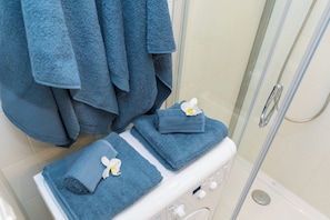 Douche, sèche-cheveux, bidet, serviettes fournies