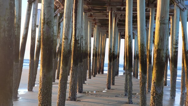 A pier with numerous wooden pillars extending into the water. - Stunning, two-bedroom, one-bathroom condo,  two short blocks from the beach! (Old Orchard Beach)