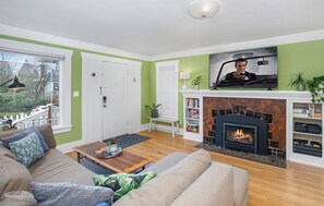 TV connectée, cheminée, livres, chaîne hi-fi