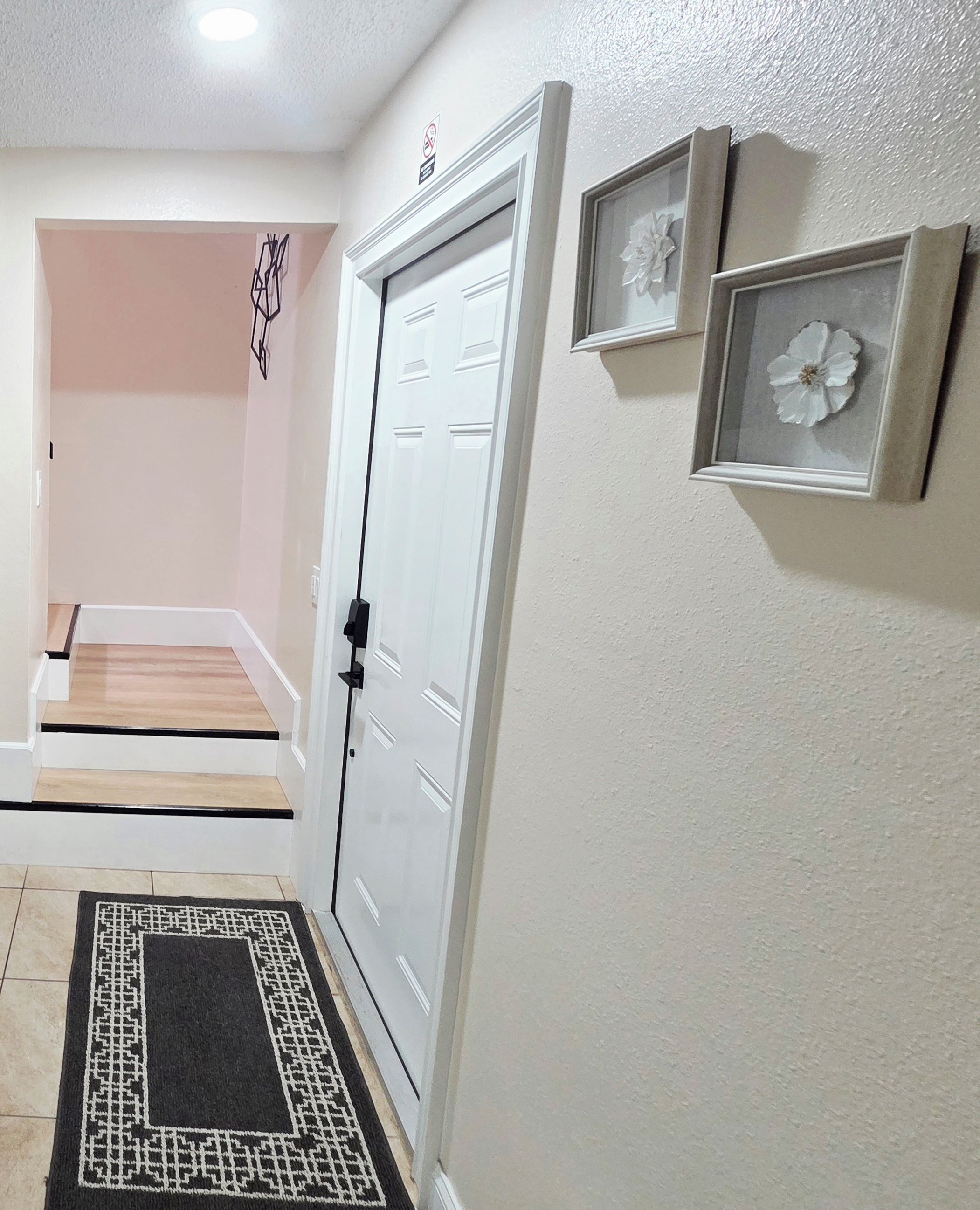A hallway with a white door, a black and white rug, and two framed pictures on the wall.