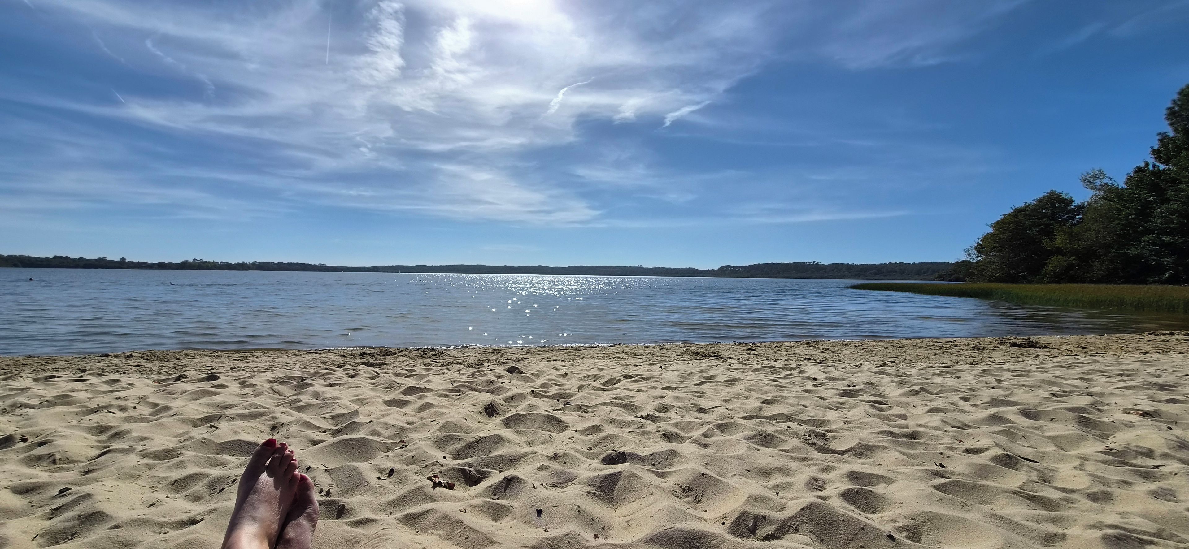 Una playa arenosa con cielo despejado y agua tranquila.
