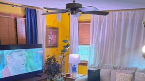 Un saló amb televisió, sofà i taula de centre.