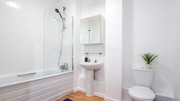 Hair dryer, towels, soap, shampoo