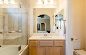 Hair dryer, towels, soap, shampoo
