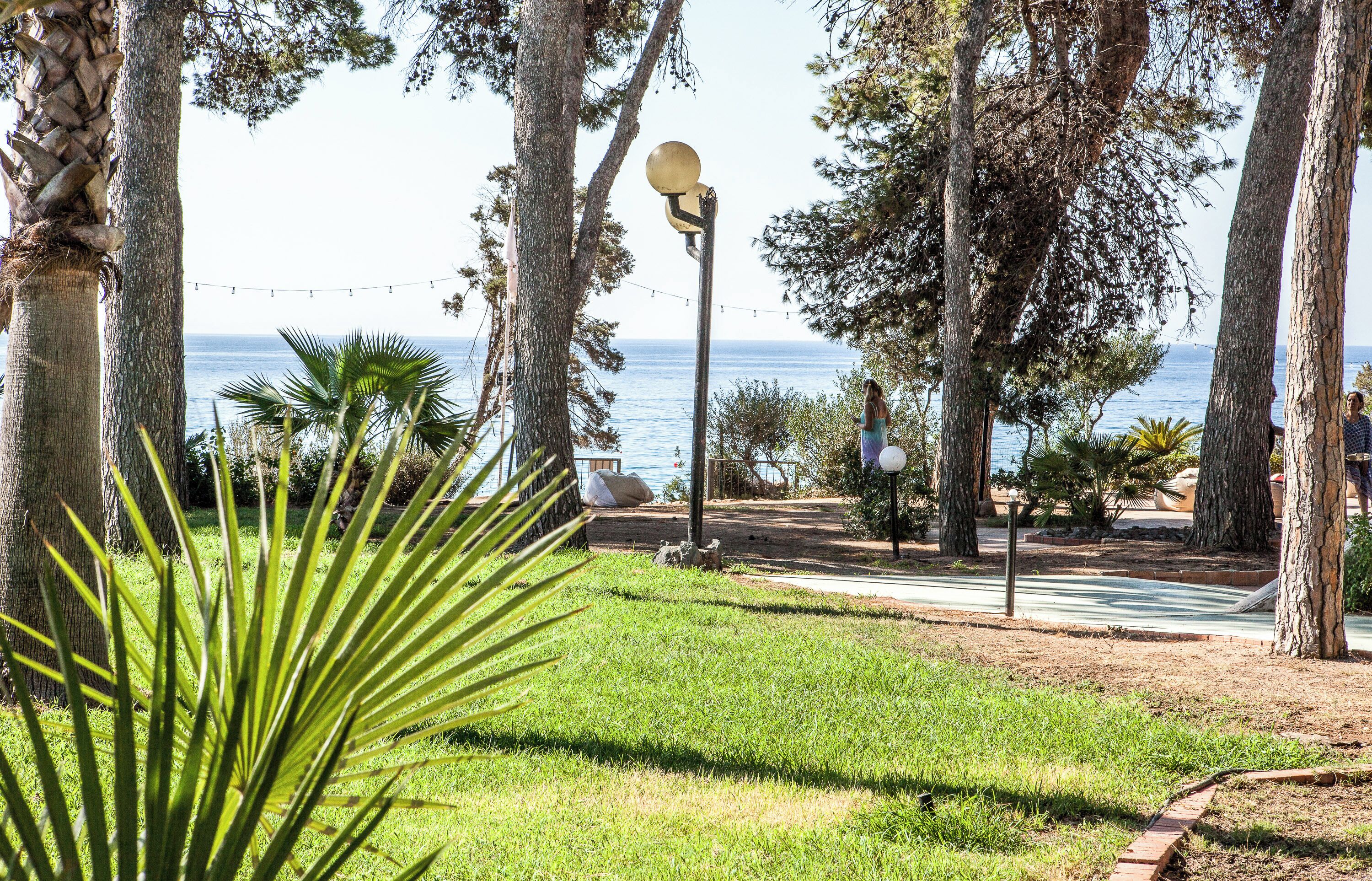 A landscaped outdoor area with a pathway, palm trees, and a view of the sea.