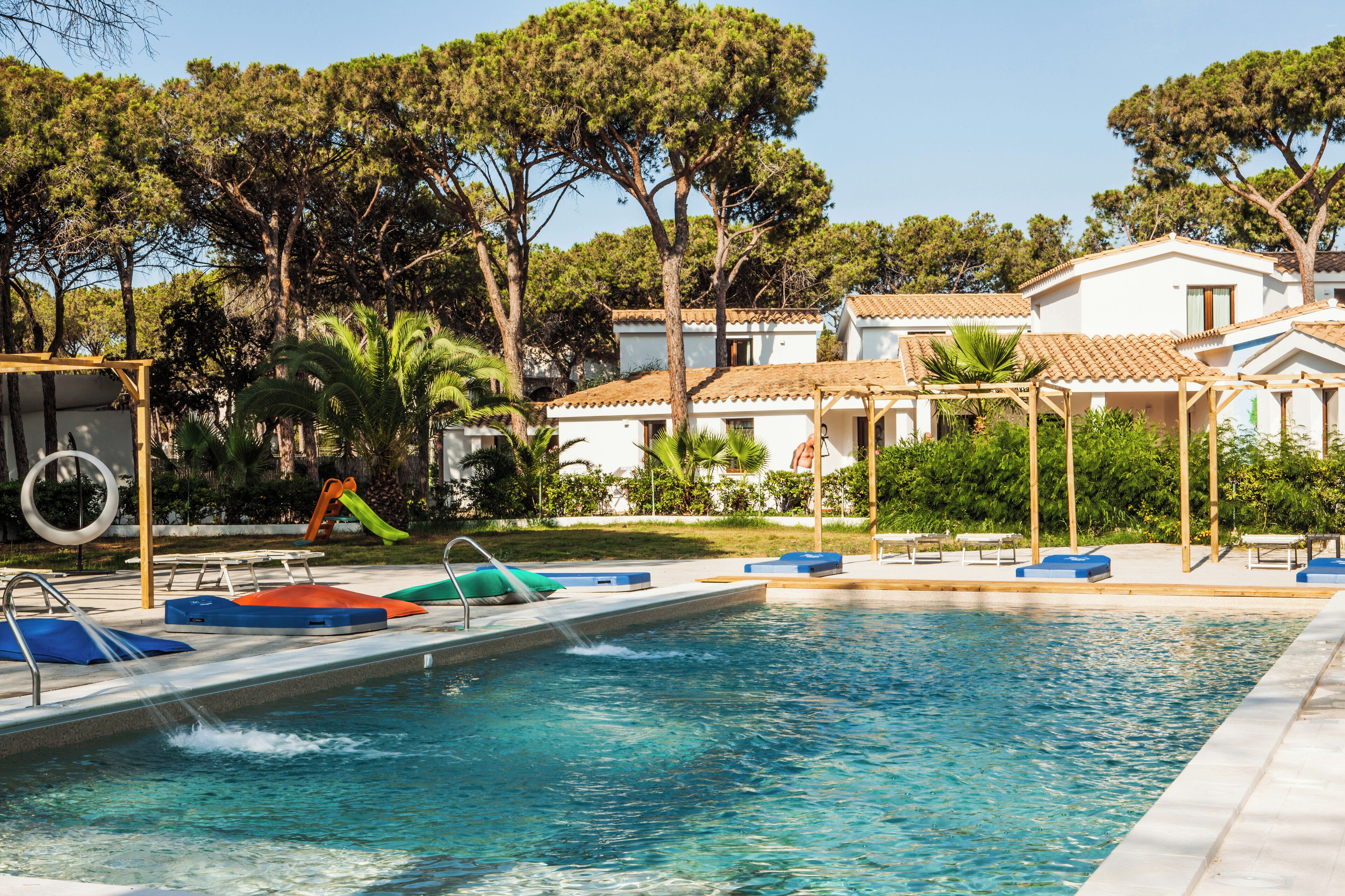 Seasonal outdoor pool, pool umbrellas, pool loungers