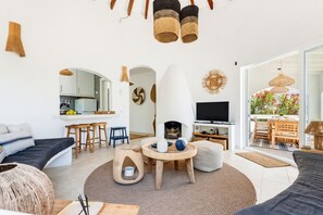 A modern living room with a sofa, a coffee table, a fireplace, and a TV.