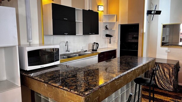 A modern kitchen with a granite countertop, white microwave, and black cabinets. - Lodging in the center with gym and parking included. (Loja)