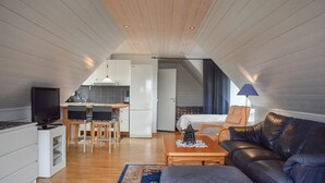 A loft-style room with a kitchen, dining area, and a living space with a leather couch and ottoman. - Pet friendly apartment in Degeberga (Degeberga)