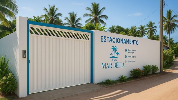A gated entrance with a sign for 'ESTACIONAMENTO' and 'Flats MAR BELLA' indicating a parking area. - Estudio Mar'Bella 2 min Praia Caminho de Moisés com Garagem e ArCond (Maragogi)
