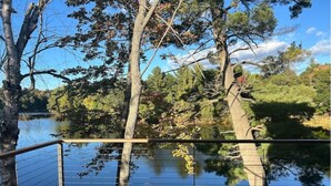 A wooden deck with a metal railing overlooking a calm lake, surrounded by trees and greenery. - Little cabin (Rhinelander)
